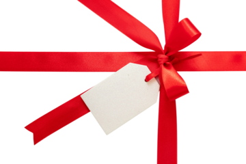 Gift red ribbon and bow with empty card isolated. Christmas present satin decoration