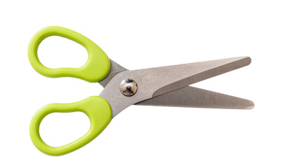 School scissors open, green handle isolated, transparent background. Kids safe tool. PNG - Powered by Adobe