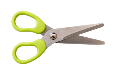 School scissors open, green handle isolated, transparent background. Kids safe tool. PNG