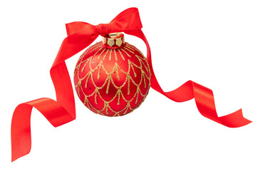 Christmas red ball bauble. Traditional winter holiday ornament isolated transparent background, PNG. 