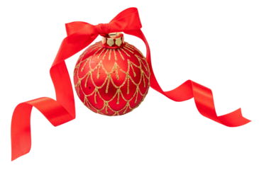 Christmas red ball bauble. Traditional winter holiday ornament isolated transparent background, PNG. 