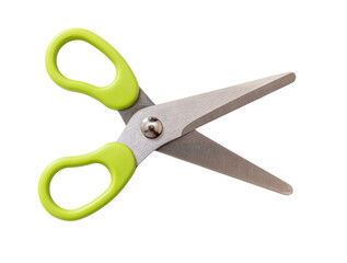 School scissors wide open, green handle isolated, transparent background. Kids safe tool. PNG - obrazy, fototapety, plakaty