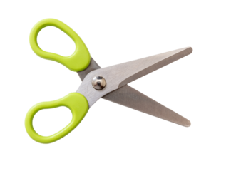 School scissors wide open, green handle isolated, transparent background. Kids safe tool. PNG