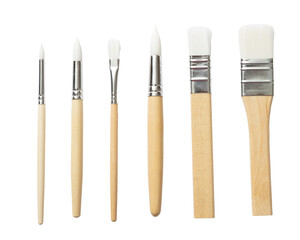 Paint brushes set new clean with wooden handle isolated transparent background. PNG