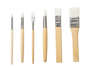 Paint brushes set new clean with wooden handle isolated transparent background. PNG