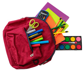 Back to school. School supplies and a red student backpack isolated, transparent background, top...