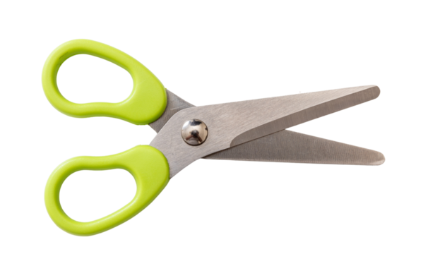 School scissors open, green handle isolated, transparent background. Kids safe tool. PNG