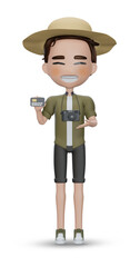 3d render , tourist  cartoon character with a big credit card 