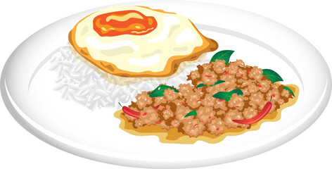 Illustration icon set of Thai food, including Pad Thai, papaya salad, tom yam kung, phat kaphrao, mango sticky rice, roast pork, and thai crisy pancake.