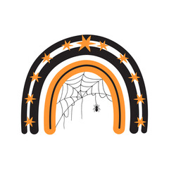 Halloween rainbow with spider web. Cute hand drawn icon for celebrating spooky night. Vector illustration in flat cartoon style. Design for poster, card or banner.