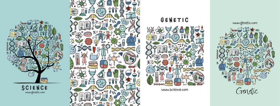 Genetic, Biology, medicine - concept arts collection. Frame, pattern, tree. Set for your design project - cards, banners, poster, web, print, social media, promotional materials. Vector illustration