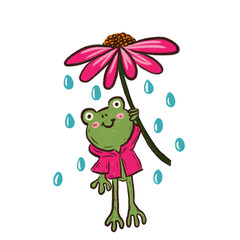 frog with pink flower among the rain.