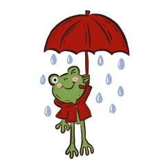 Obraz premium Frog in the red coat in the rain.