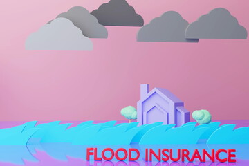 Naklejka premium Model houses flooded from rainstorms and wild water, flood insurance, home insurance, 3D render.