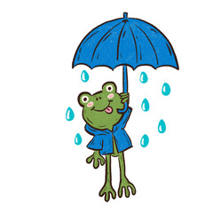 Cute frog with blue umbrella in the rain.