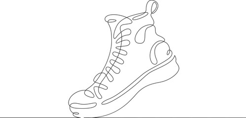One continuous line. Sport shoes. Nice high top sneakers. Sneakers for every day. One continuous line is drawn on a white background.