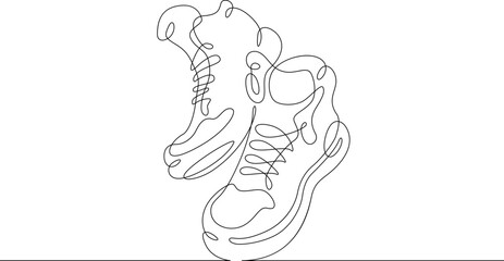One continuous line. Sport shoes. Nice high top sneakers. Sneakers for every day. One continuous line is drawn on a white background.