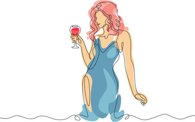 One continuous line.A woman in a blue dress. Lady with a glass of wine in hand. Red wine. Abstract flat color illustration.