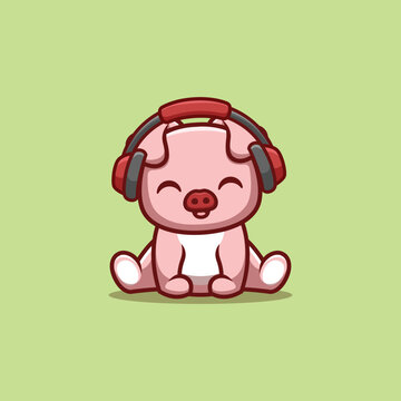Monkey Sitting Hearing Music Cute Creative Kawaii Cartoon Mascot Logo