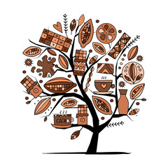 Chocolate, cacao and sweets. Concept art choco tree for your design. Vector illustration isolated on white