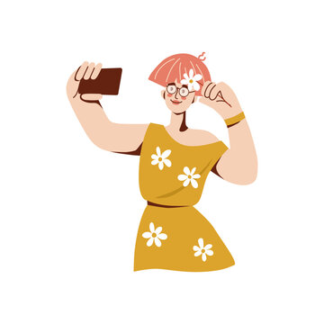  Young woman takes selfie with flower. Happy girl is being photographed. Vector cartoon illustration. 