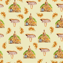 Fototapeta premium Stone house with chimney, mushroom, oak leaf watercolor seamless pattern. Template for decorating designs and illustrations.
