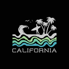 Naklejka premium California surfing illustration t-shirt and apparel design