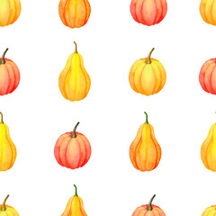 Seamless pattern watercolor pumpkins. Yellow and orange pumpkins