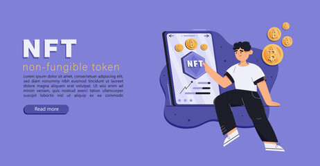 NFT concept with man. Banner with man getting income from NFT, cryptoart through mobile phone. Phone with cryptocurrency coins or bitcoins. Technology of selling NFT tokens for cryptocurrency. Non-fun