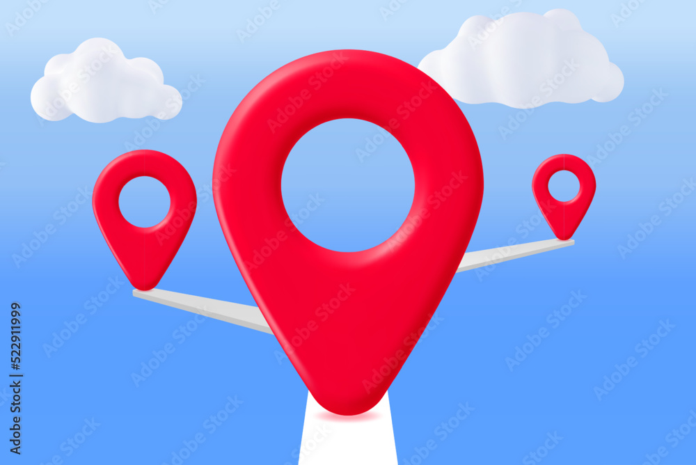 Poster 3d location map pin in clouds. red gps pointer marker icon. gps and navigation symbol. element for m