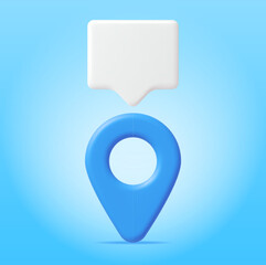 Fototapeta na wymiar 3D Location Map Pin and Chat Bubble Isolated. Blue GPS Pointer Marker Icon. GPS and Navigation Symbol. Element for Map, Social Media, Mobile Apps. Realistic Vector Illustration