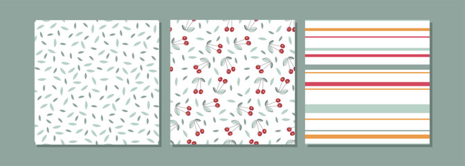Seamless pattern set. Three pattern cherry collection. Abstract Seamless pattern with cherry, leaves, strips on white background. Backgrounds for textile, wrapping paper, wallpaper, cover design.