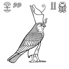 Animation monochrome drawing:  sacred Egyptian Falcon bird in crown. God Horus - deity of heaven and sun. View profile. Vector illustration isolated on a white background.