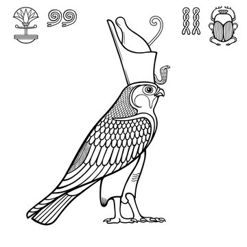 Animation monochrome drawing:  sacred Egyptian Falcon bird in crown. God Horus - deity of heaven and sun. View profile. Vector illustration isolated on a white background.