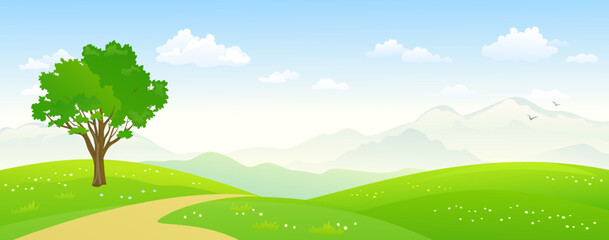 Cartoon summer landscape panorama, green hills, mountains and blue sky background