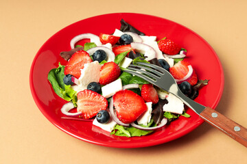 Concept of tasty salad, salad with strawberry, close up