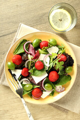 Concept of tasty salad, salad with strawberry, top view