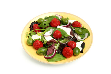 Plate of salad with strawberry isolated on white background