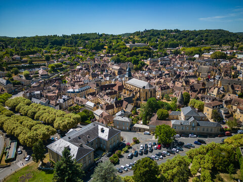 Aerial view of Sarlat la caneda town, in Perigord, Dordogne, France, High quality photo
