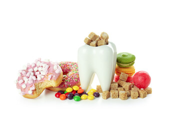 Concept of food bad for teeth, isolated on white background