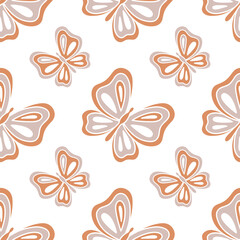 Fototapeta na wymiar Retro hippie summer groovy butterfly. Vector seamless pattern. Boho natural retro colours butterflies.