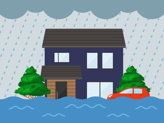大雨で浸水被害にあう、戸建住宅のイラスト