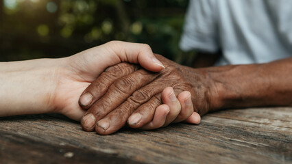 Fototapeta premium Hands of the old man and a woman hand on the wood table