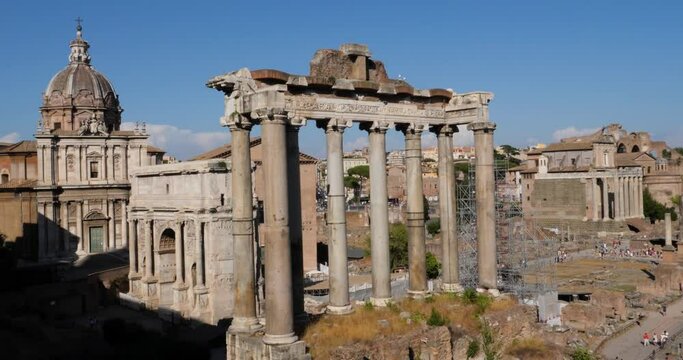 Temple of Saturn and Arch of Septimius Severus in the Roman Forum, Rome, Italy.
