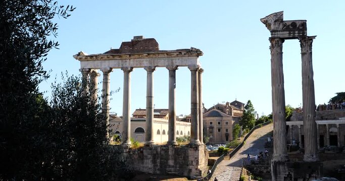 Temple of Saturn and Temple of Vespasian and Titus in the Roman Forum in Rome, Italy.