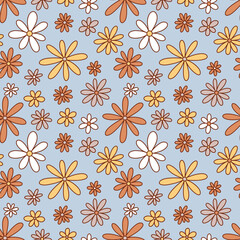Floral vintage seamless pattern. Boho vector background. Hippie flower power retro textile print. Groovy botanical wallpaper.
