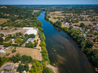 Aerial view of Sainte Foy la Grande and Dordogne river, Gironde, France. High quality photo