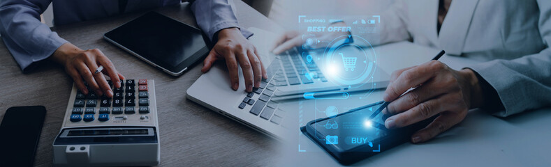 Business man using credit card and calculator for shopping online ,selective focus.