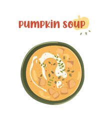 pumpkin soup puree in a green plate. fresh autumn vegetable soup. Illustration for menus, advertisements, websites.