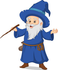 Cute old wizard cartoon with magic wand